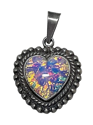 #ad Vtg Large Sterling Heart Opal Pendant 19 Grams Amazing Colors Video Statement $299.99