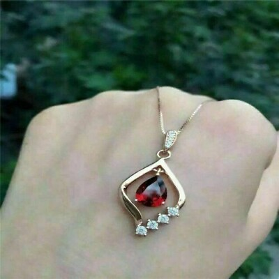 #ad Solid Pear Cut Lab Created Garnet Women#x27;s Pendant 14KGold Plated Free 18quot; Chain $80.49
