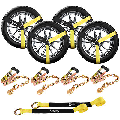 #ad 4 Pack Car Trailers Hauler Tie Down Lasso Ratchet Tire Straps with Chain Anchors $84.91