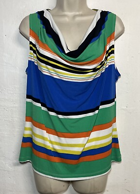 #ad Calvin Klein XL Tank Top Blue Green Stripe Cowl Neck Stretch Sleeveless Blouse $10.00