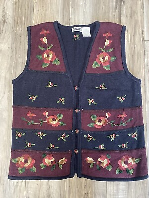 #ad Capacity Vintage Women’s Sweater Vest Burgundy and Navy Floral Design Size Large $18.00