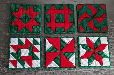 #ad Set Of 6 4quot; Christmas Plastic Canvas Patchwork Coasters $8.00