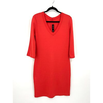 #ad ST. JOHN Red Orange Wool Knit 3 4 Sleeve V Neck Stretch Sheath Midi Dress Size 8 $275.00
