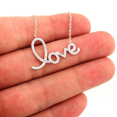 #ad Sterling Silver 925 Love Necklace Love Word CZ Pendant Necklace N20 $35.99