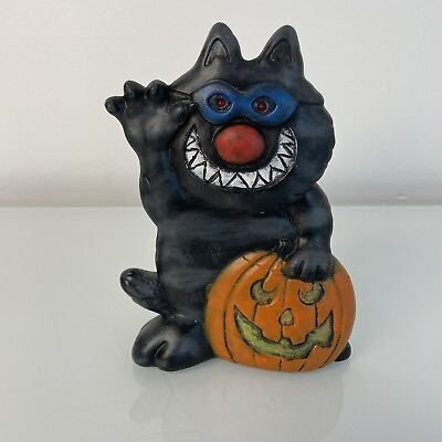 #ad Black Cat and Jack O Lantern Pumpkin Halloween Smiley Ceramic Figurine Read $10.00