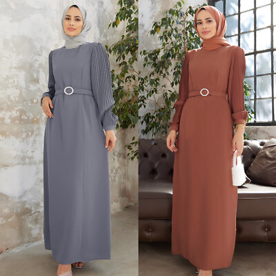 #ad Dubai Pleated Sleeve Abaya Muslim Women Maxi Dress Kaftan Islamic Party Gown New C $46.31
