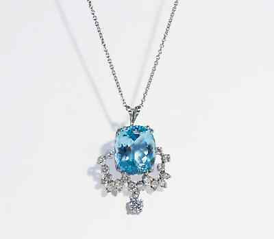 #ad Elegant 14K Solid White Gold Aquamarine Diamond Statement Necklace 16 Carats $4033.25