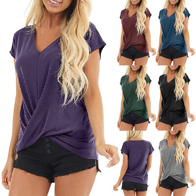 #ad Womens Casual V Neck Irregular Hem T Shirt Tops Ladies Loose Basic Tee Pullover $15.01