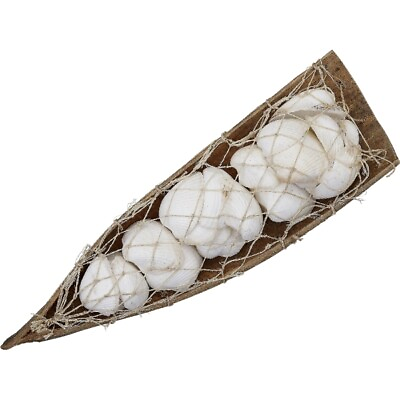 #ad 2 White Ark Shells in Wood Boats with Abaca Net Set of 2 $25.99