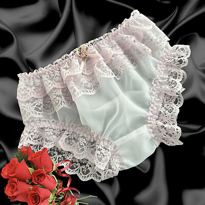 #ad Sissy Sheer White Nylon Soft Satin Rose Frilly Lace Panties Knickers Size 10 20 GBP 16.99