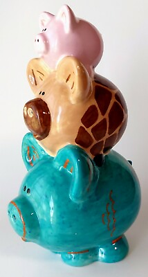 #ad Vintage Stacked Pigs Piggy Bank Collectible Animals Ceramic Teal Beige Pink $21.59