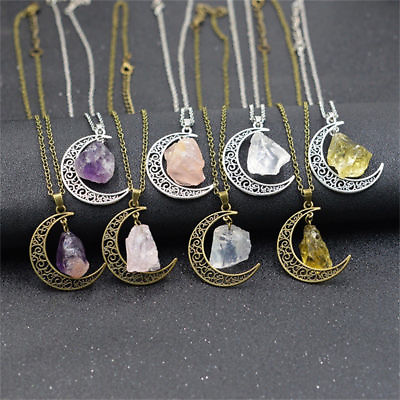#ad Necklace Natural Crystal Moon Pendant Chakra Healing Gemstone Jewelry Gift $5.99