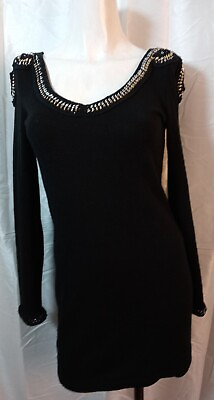 #ad Ladakh Knit Black Mini Dress Long Sleeve Sz M Zip Back Metal Design Neck croche $17.49