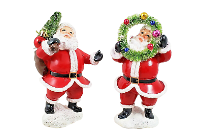 #ad Retro Jolly Santa Claus Figurines with wreath and tree Set of 2 Christmas Decor $29.99