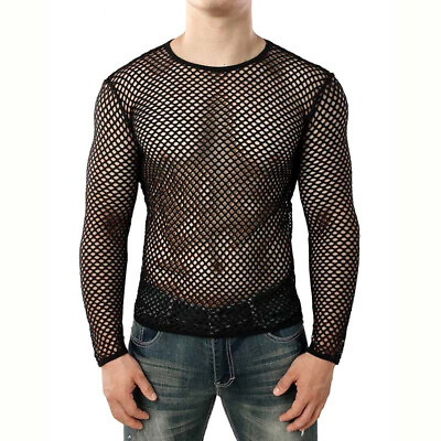 #ad Fashion Men#x27;s Fishnet Sheer Tops Long Sleeve See Through Punk Tee Shirt Clubwear $15.24