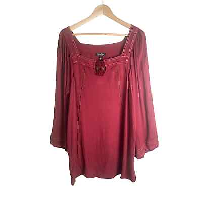 #ad Jessica Simpson Women#x27;s Red Beaded Long Sleeve Peasant Blouse Plus Size 2X Boho $23.00
