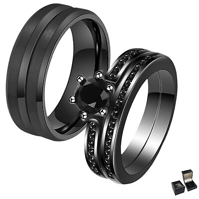 #ad 2PCS His and Hers Wedding Ring Set Black Stainless Steel Couple Band Men Women $14.99