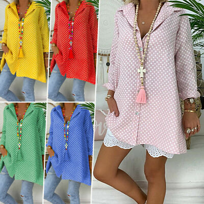 #ad Women Button Down Blouse Casual Loose Polka Dot Roll Up Sleeve Tunic Shirt S 5XL $18.02