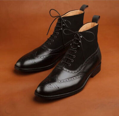 #ad New Handmade Leather amp; Suede Black Formal Wingtip Brogue Ankle Boots For Men $177.36