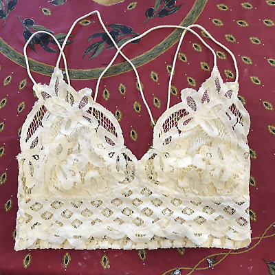#ad Free People FP One Adella Bralette Crop Top Crochet Lace Smocked L Yellow $25.00