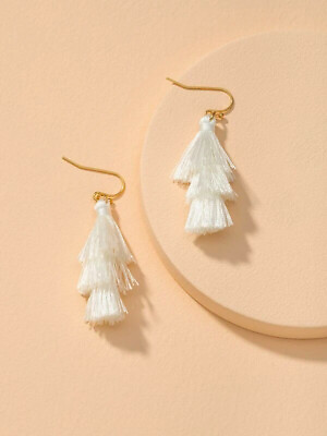 #ad NEW White Tiered Tassel Fringe Earrings Boho Hippie Drop Dangle Fashion Small $2.46