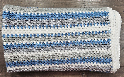 #ad Baby Boy New Handmade 40quot;x40quot; Beautiful Blue Gray amp; White Knit Baby Blanket $26.99
