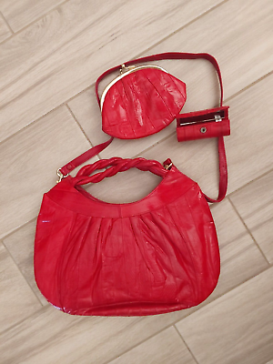 #ad Leather of the Sea Bright Red Eel Skin 3pc Crossbody Handbag. Size 8x13 $65.00