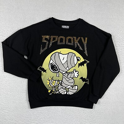 #ad Peanuts Sweatshirt Womens Medium Black Halloween Snoopy Woodstock Spooky Mummy $9.80