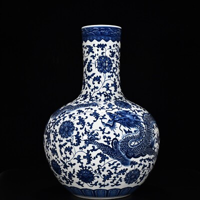 #ad 21.2quot; old antique qing dynasty qianlong mark porcelain blue dragon sky ball vase $829.99