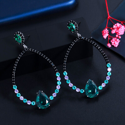 #ad Exaggerated Multicolor Green CZ Big Dangle Round Drop Earrings for Brides Ladies C $12.58