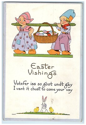 #ad Easter Vishings Dutch Kids Carrying Basket Of Eggs Embossed Nassau NY Postcard $9.72