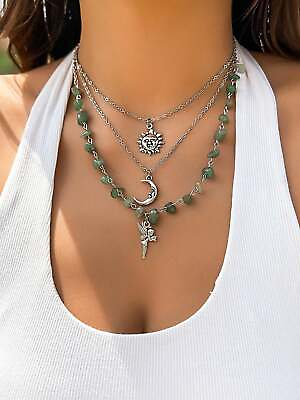 #ad 3pcs Sun Elf Pendant Crystal Beaded Chain Necklace Set for Women Novelty $5.32