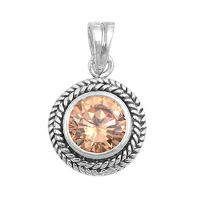 #ad Sterling Silver Solitaire Braided Rope Circle Pendant Champagne Simulated CZ $29.59