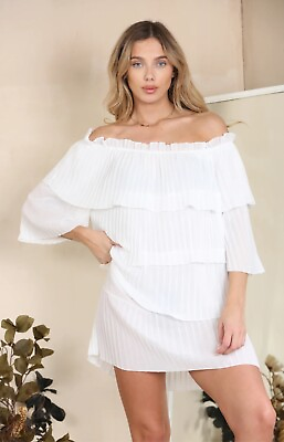 #ad Ladies Women Off Shoulder Summer Bardot Mini Dress Pleated Blouse Tops Plus Size GBP 19.95