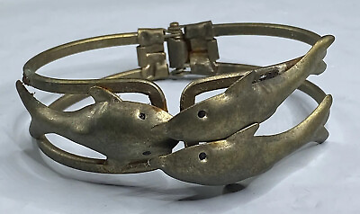 #ad Vintage Dolphin Bracelet Cuff Spring Loaded Patina Beach Ocean Vacation Jewelry $11.19