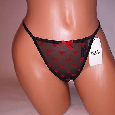 #ad Rue21 Panty Thong Black Red Hearts Love Sheer V String New $14.99