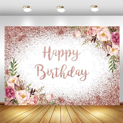 #ad Happy Birthday Backdrop Flowers Rose Gold Girls Women Photo Background Banner $45.90