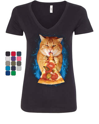 #ad Cat Eating Pizza Women#x27;s V Neck T Shirt Funny Weird Kitten Pet Kitty Peperoni $26.95