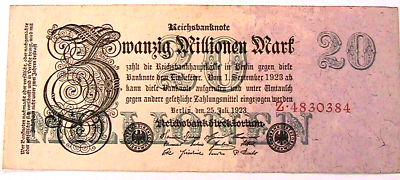 #ad 1923 Germany 20 Million Marks AU Orig Paper Money Banknote German Currency p 97 $5.00