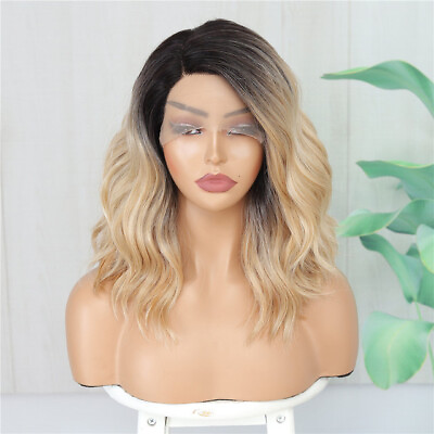 #ad Shoulder Length Side Part Lace Front Wig Ombre Blonde Short Wavy Hair Bob Wigs $31.33