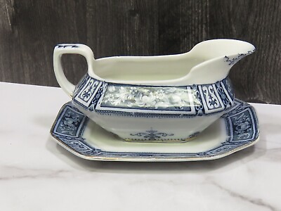 #ad Antique Flow Blue Gravy Sauce Boat c1893 F amp; Sons Ford amp; Sons Brampton Floral $28.00