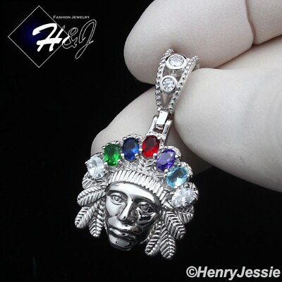 #ad MEN WOMEN 925 STERLING SILVER ICY BLING CZ 3D AMERICAN INDIAN FACE PENDANT*SP435 $36.99