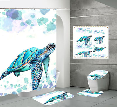 #ad Sea Turtle Green Waterproof Bath Shower Curtain Toilet Cover Lid Mat Set No slip AU $9.99