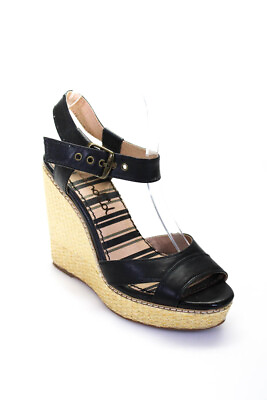 #ad Splendid Womens Wedge Heel Platform Ankle Strap Sandals Black Leather Size 7.5M $42.69
