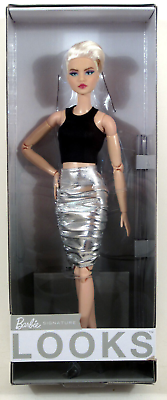 #ad Barbie Signature Looks Model #8 Blonde Pixie Cut Black and Silver Outfit HCB78 $26.99
