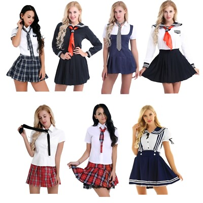 #ad 2PCS Women School Girls Uniform Students Costume ShirtsSkirt Outfit Cute Dress $11.35