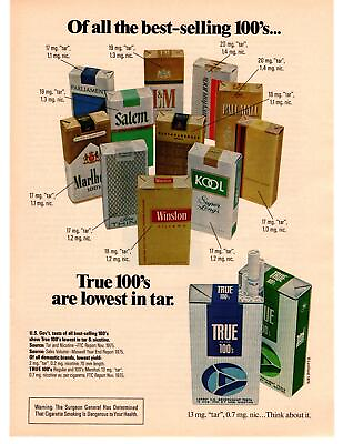 #ad 1976 Of All The Best Selling 100#x27;s True Cigarettes quot;Lowest In Tarquot; Print Ad $9.95