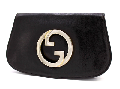 #ad Gucci Vintage Bag Clutch Handbag Purse GG Interlocking Leather Black Authentic $528.00