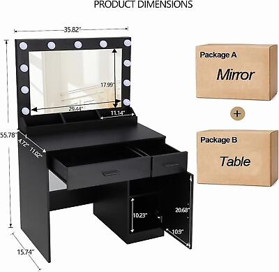 #ad Vanity Desk with Power Strip Makeup Table with Lighted Mirror amp;2 Drawers Black $168.99