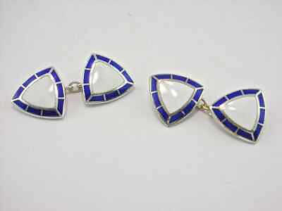 #ad Elegant Triangle Shape White Moonstone With Blue Enamel 935 Silver Cufflink $215.00